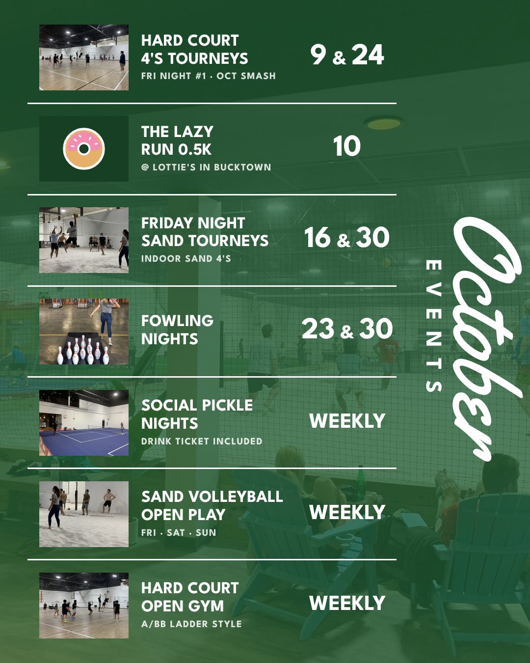 October events at Players Sports Center — hard court and sand volleyball tourneys, the Lazy Run 0.5K, fowling nights, social pickle nights and weekly open play. Tap to see programs and book.