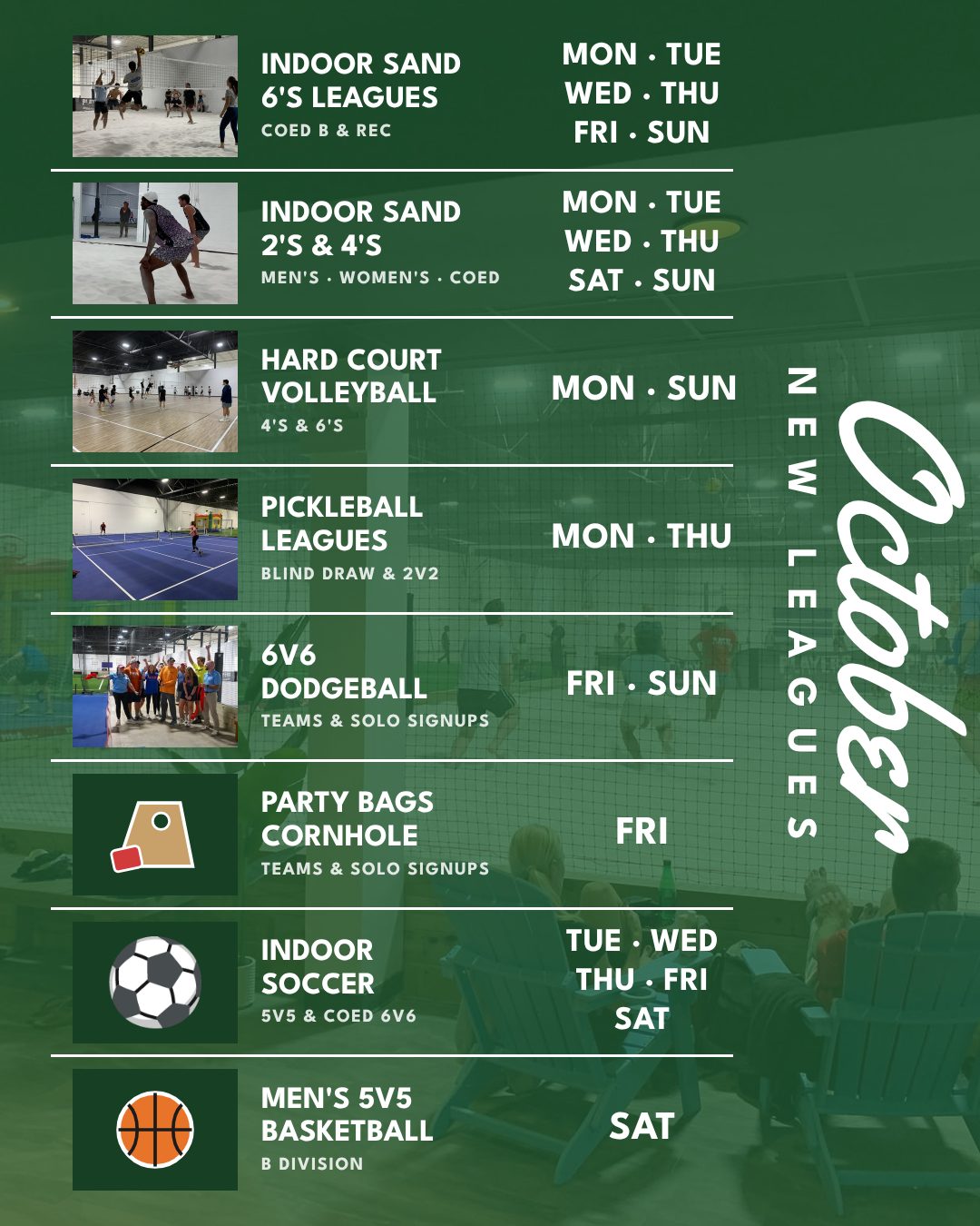 October new leagues at Players Sports Center — indoor sand 6s, 2s and 4s, hard court volleyball, pickleball, 6v6 dodgeball, cornhole, indoor soccer and men's basketball. Tap to browse current leagues.